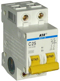 Автоматический выключатель ИЭК 2 полюсной ВА47-29 25А тип С